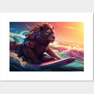 Synthewave Sunset Surfing Lion Posters and Art